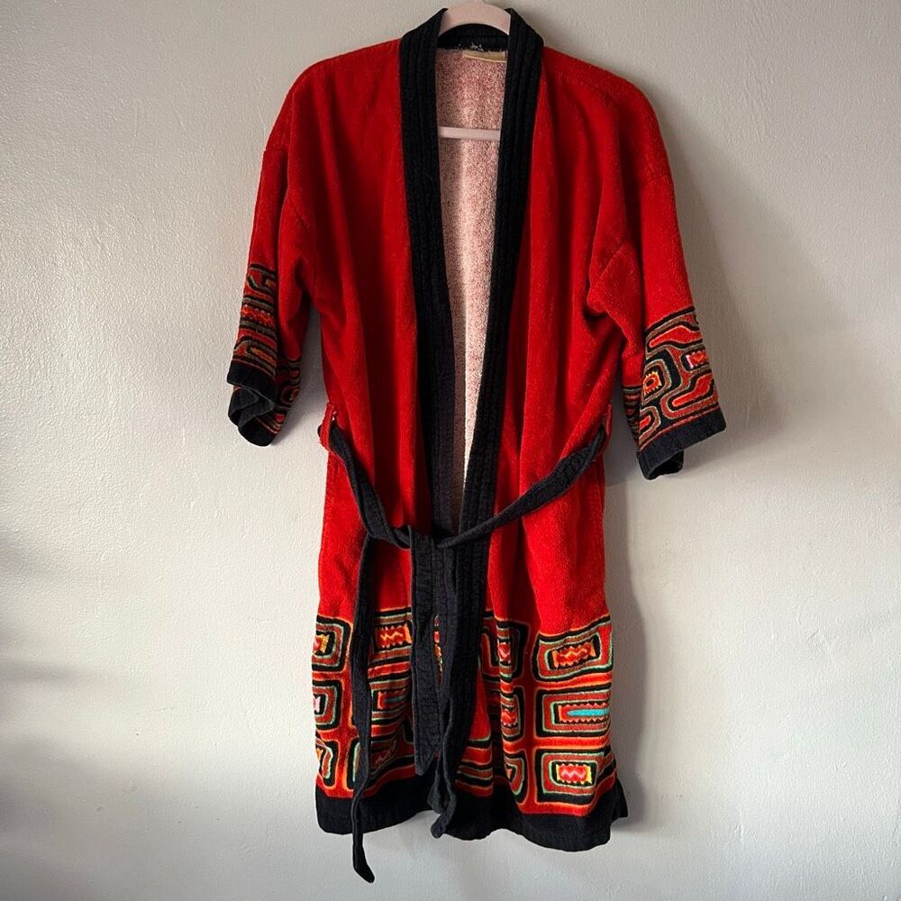 Vintage 60s 70s Hilasal Terry Cloth Orange Geometric Beach Towel Bath Robe S / M